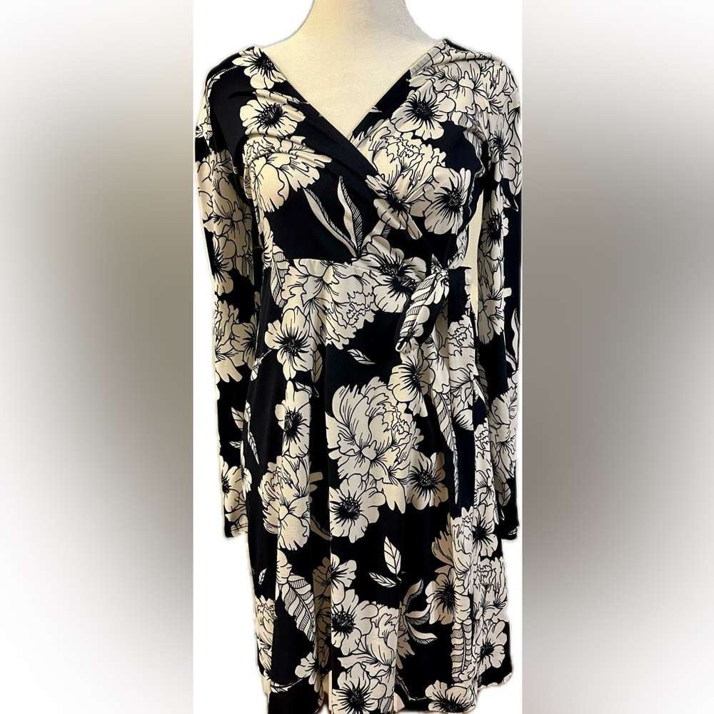 Black and White Floral Faux Wrap Dress by One Clothing